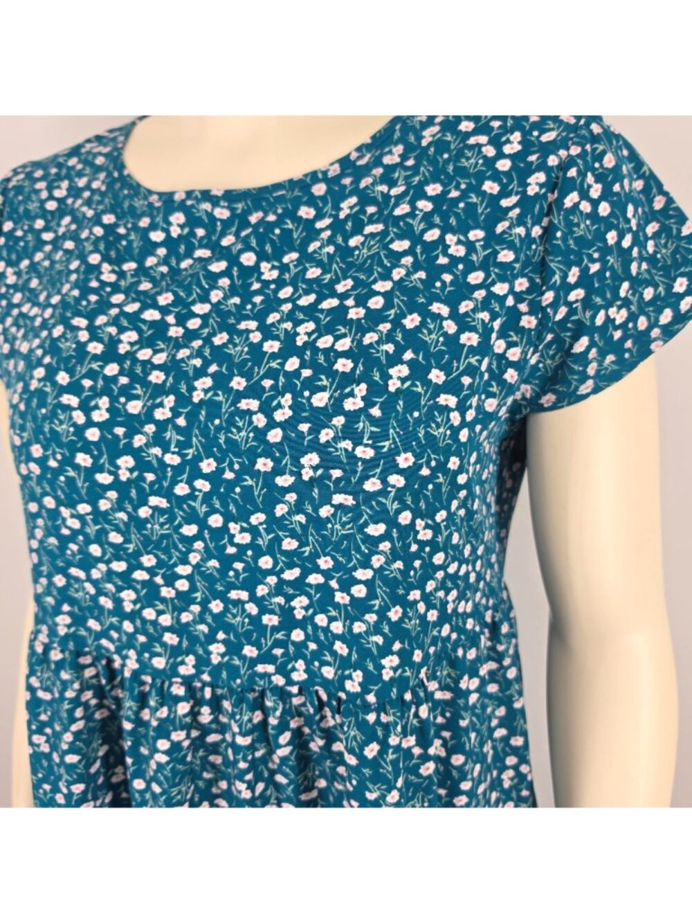 Women's Teal Blue Green Floral Dress Ruffled Layered XL Flowy Lightweight Cap Sl - Picture 4 of 6